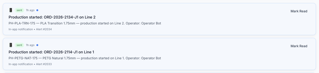 Notification feed: production started for ORD-2026-2134-J1 on Line 2 and ORD-2026-2114-J1 on Line 1, both sent as in-app notifications an hour ago.