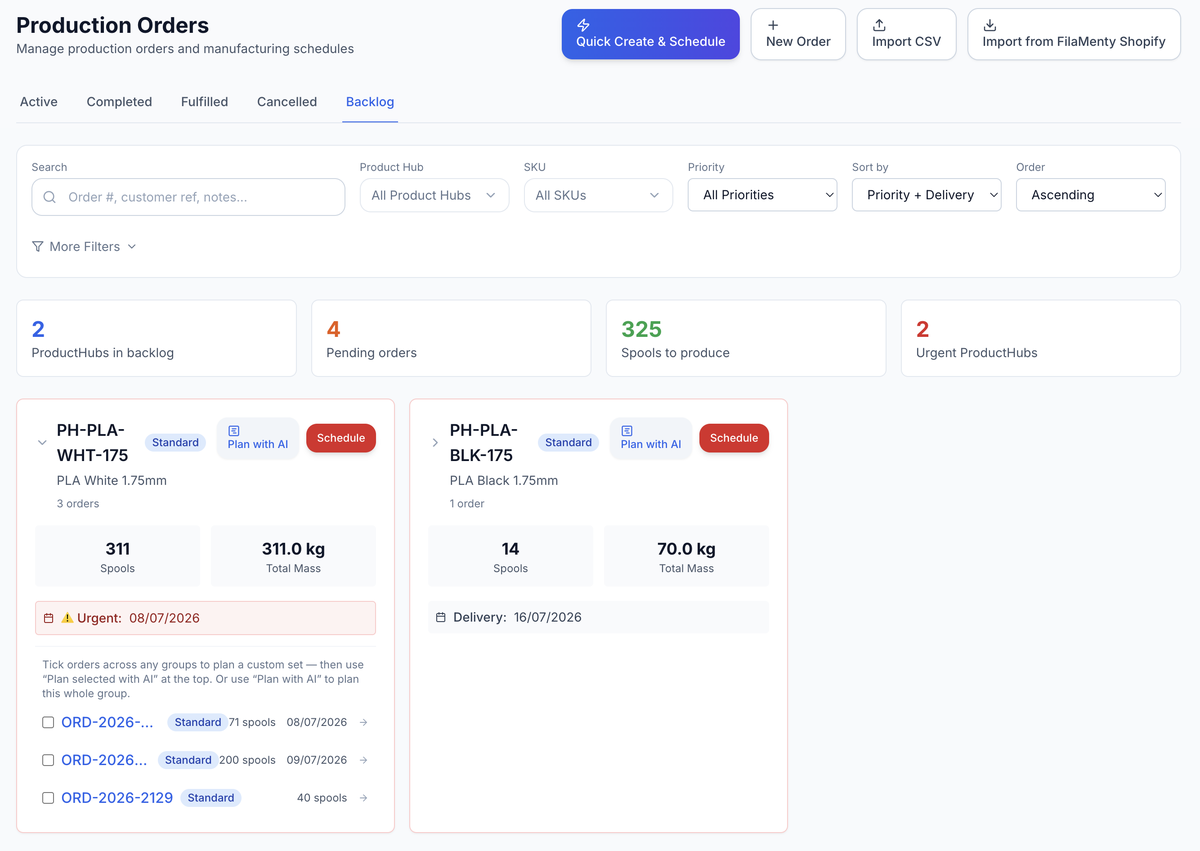 The order backlog with per-group Plan-with-AI actions.