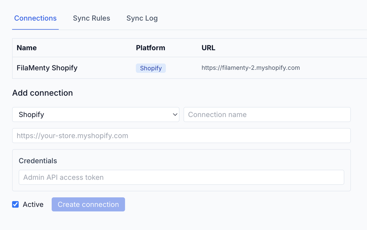 Integration connections: FilaMenty Shopify connected with its store URL, and the add-connection form with credentials.