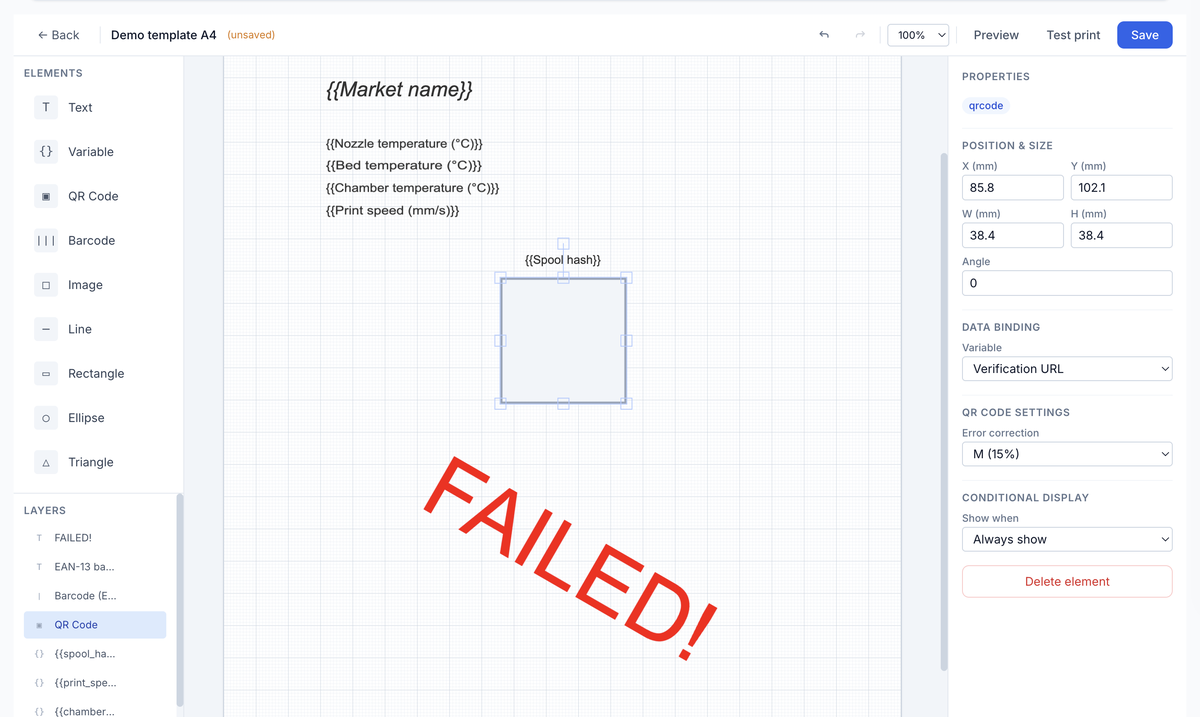 The label template designer: text, variable, QR, barcode, and shape elements, layers, and per-element data binding.