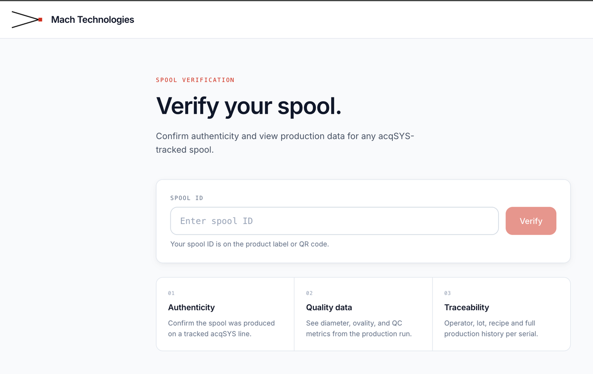 The public spool-verification page: enter a spool ID to confirm authenticity, quality data, and traceability.