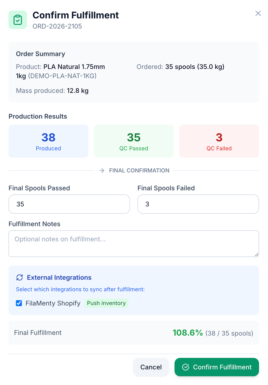 Confirm Fulfillment for ORD-2026-2105: 38 produced, 35 QC passed, 3 failed, final counts confirmed at 108.6% (38 of 35 spools), with a Shopify inventory push option.