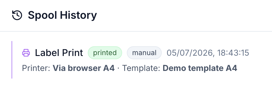 Spool history: label printed manually via browser A4 using Demo template A4, 05/07/2026 18:43.