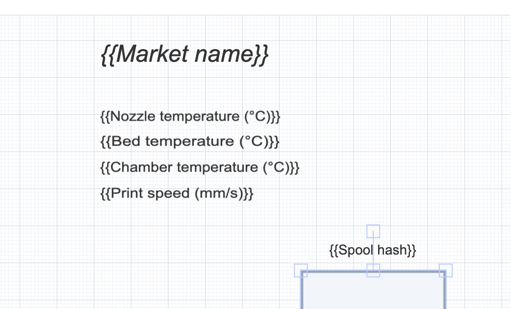 Template variables on the canvas — market name, temperatures, print speed — and the {{Spool hash}} QR element.
