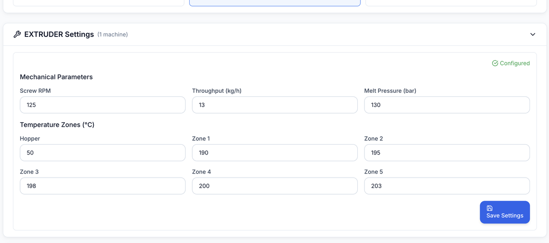 ProductHub process settings for the preferred Line 2 configuration: screw 125 rpm, throughput 13 kg/h, melt pressure 130 bar, and temperature zones 190–203 °C.