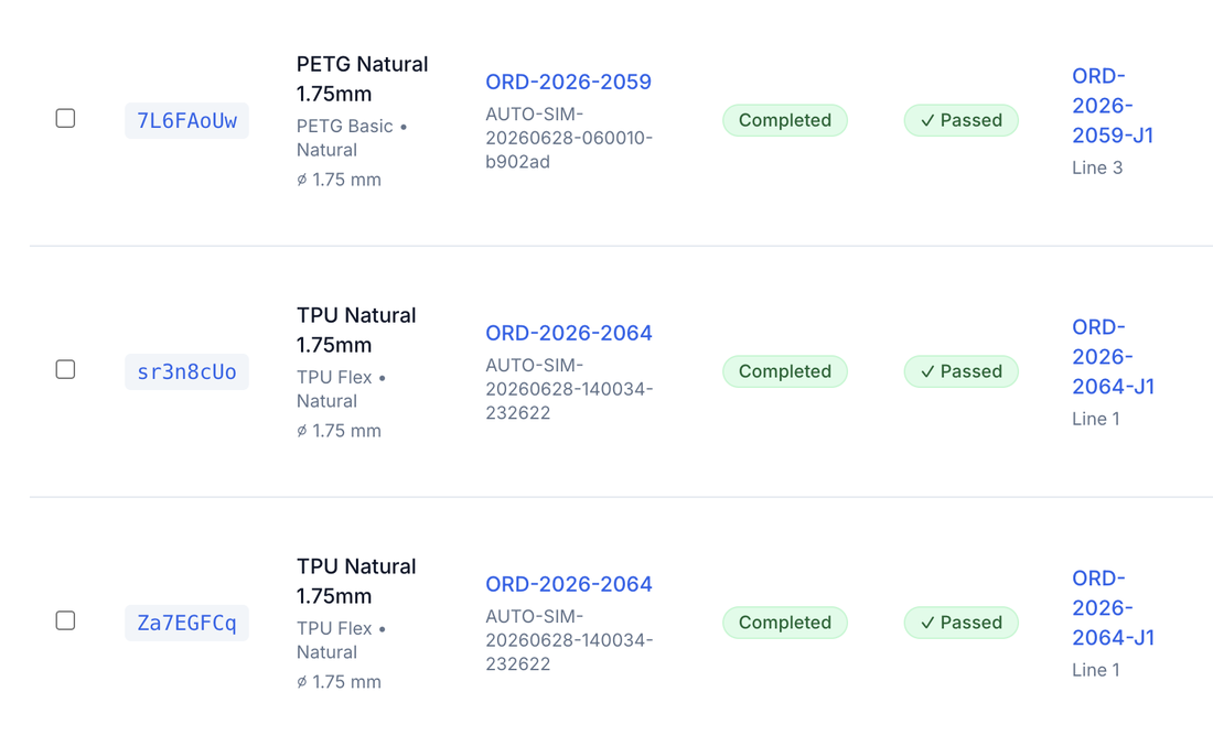 Spool register: 7L6FAoUw, sr3n8cUo, and Za7EGFCq — each with product, order, completion, QC pass, and production job.