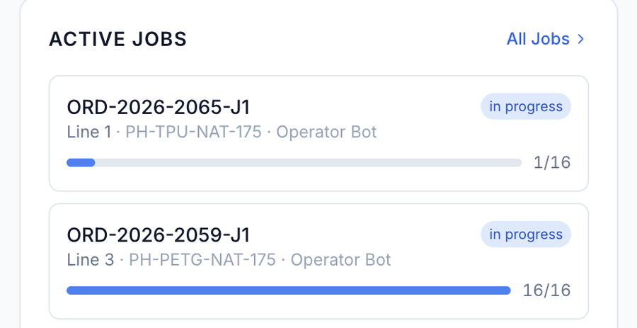 Active jobs: ORD-2026-2065-J1 on Line 1 and ORD-2026-2059-J1 on Line 3, both in progress.